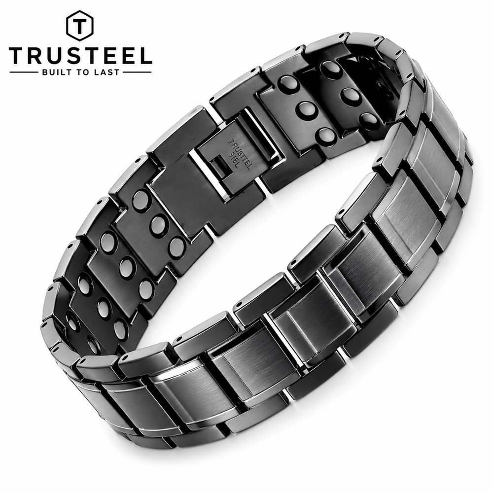 Men’s Magnetic Bracelet 316L Stainless Steel Link Bracelet Gun Metal 8.5 Inch